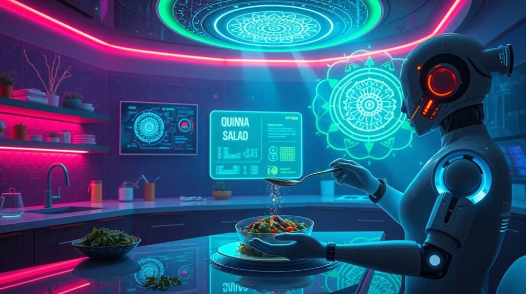 A futuristic AI kitchen with a humanoid assistant offering personalized nutrition advice, showing a quinoa bowl and data overlay.