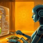 A futuristic AI kitchen with a humanoid assistant offering personalized nutrition advice, showing a quinoa bowl and data overlay.