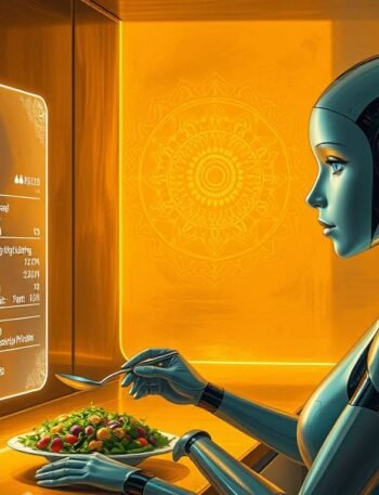 A futuristic AI kitchen with a humanoid assistant offering personalized nutrition advice, showing a quinoa bowl and data overlay.