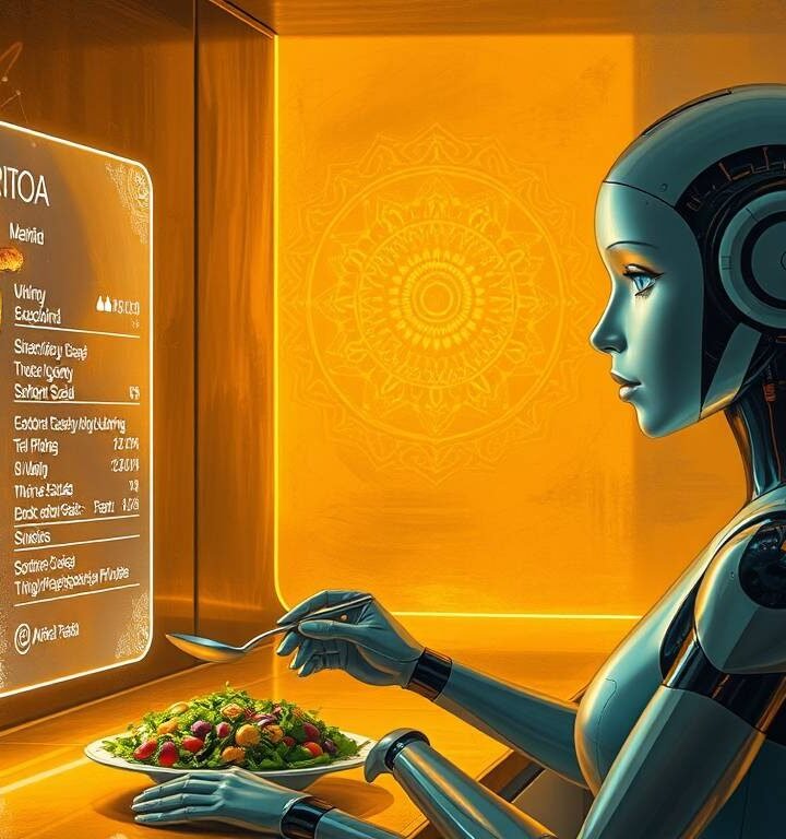A futuristic AI kitchen with a humanoid assistant offering personalized nutrition advice, showing a quinoa bowl and data overlay.