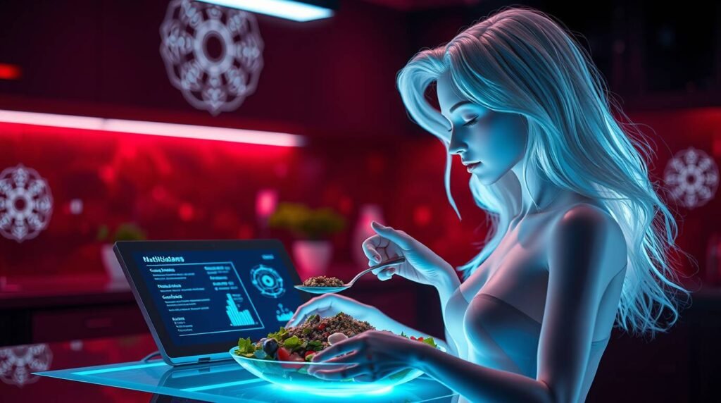A futuristic AI kitchen with a humanoid assistant offering personalized nutrition advice, showing a quinoa bowl and data overlay.