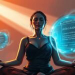 “Woman meditating with AI holograms assisting her in a calming futuristic space”