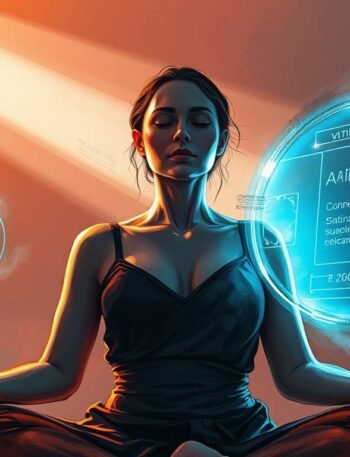 “Woman meditating with AI holograms assisting her in a calming futuristic space”