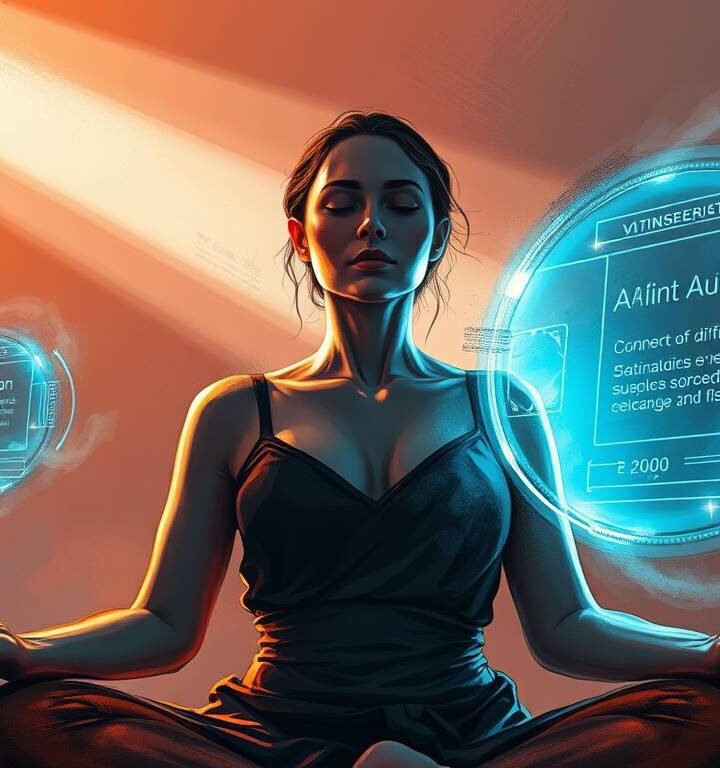 “Woman meditating with AI holograms assisting her in a calming futuristic space”