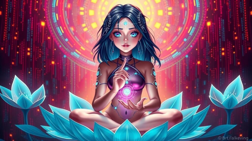 “AI avatar Nea meditating in a digital temple, offering mindful guidance in a holographic space”