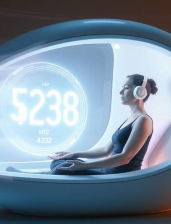 A futuristic meditation pod glowing with soft light