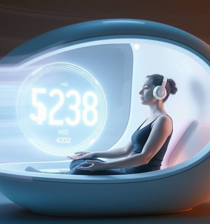 A futuristic meditation pod glowing with soft light