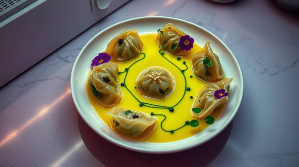 Futuristic vegan dumplings with turmeric broth and spirulina oil, plated in a minimal AI-inspired style.