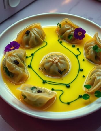 Futuristic vegan dumplings with turmeric broth and spirulina oil, plated in a minimal AI-inspired style.