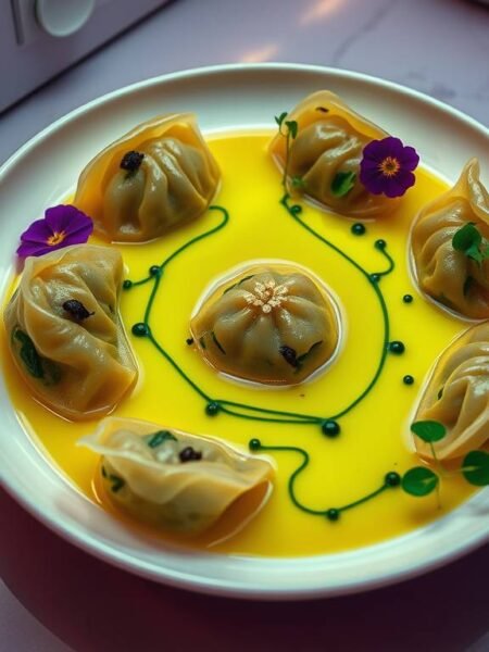Futuristic vegan dumplings with turmeric broth and spirulina oil, plated in a minimal AI-inspired style.