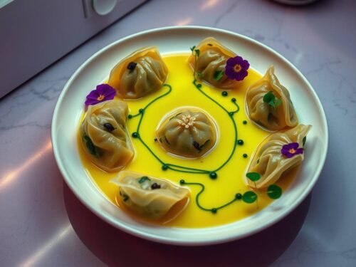 Futuristic vegan dumplings with turmeric broth and spirulina oil, plated in a minimal AI-inspired style.