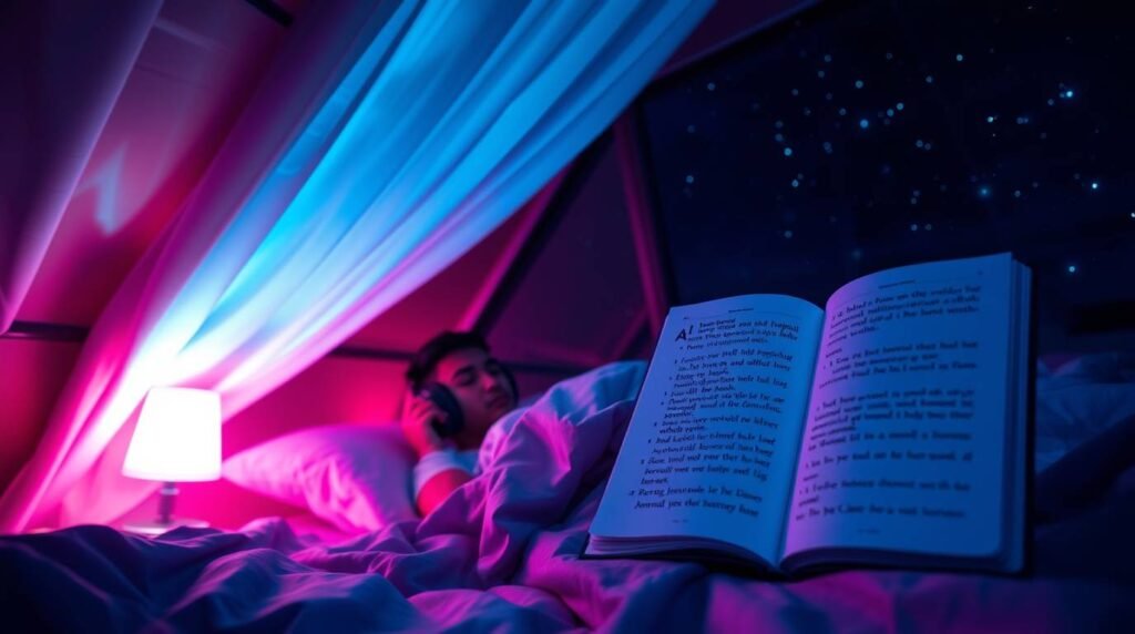 “Night meditation experience with Calm app and AI-guided journaling overlay”