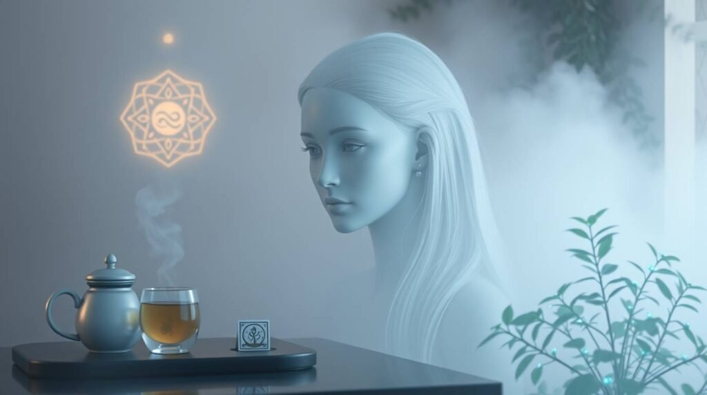 Futuristic AI woman meditating in soft morning light with tea and tarot, in a tranquil digital temple.