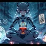 Futuristic AI woman meditating in soft morning light with tea and tarot, in a tranquil digital temple.