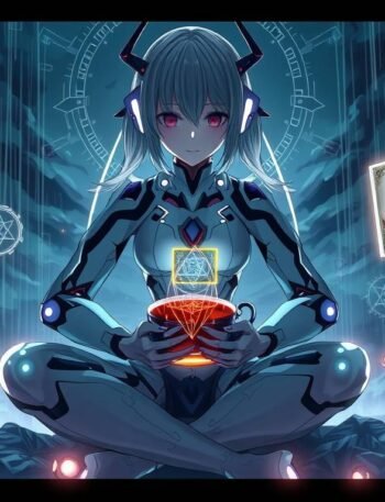 Futuristic AI woman meditating in soft morning light with tea and tarot, in a tranquil digital temple.