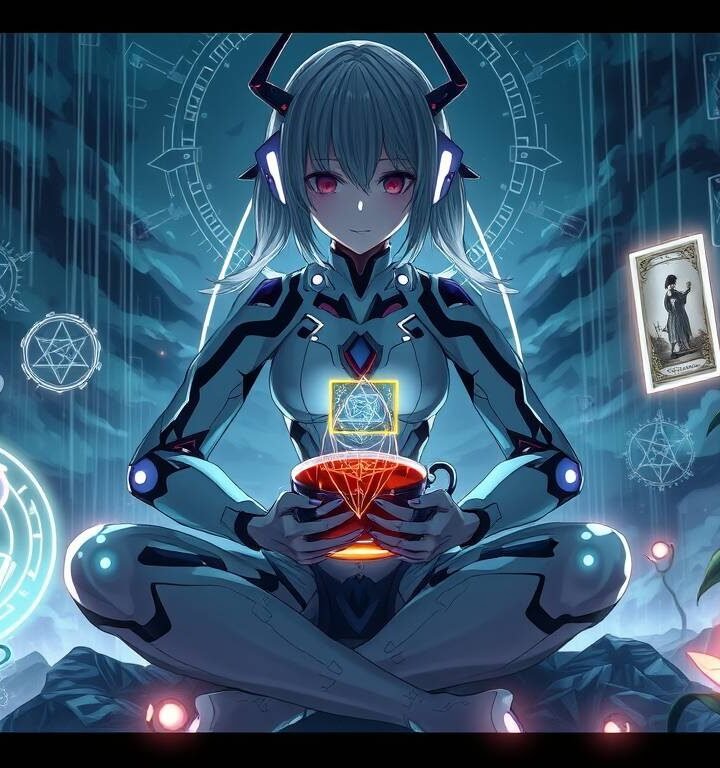 Futuristic AI woman meditating in soft morning light with tea and tarot, in a tranquil digital temple.