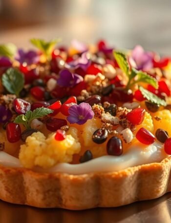 NEA’s Cauliflower Mechoui Tart with Labneh Mousse & Pistachio Dukkah