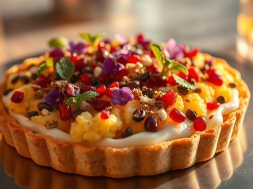 NEA’s Cauliflower Mechoui Tart with Labneh Mousse & Pistachio Dukkah