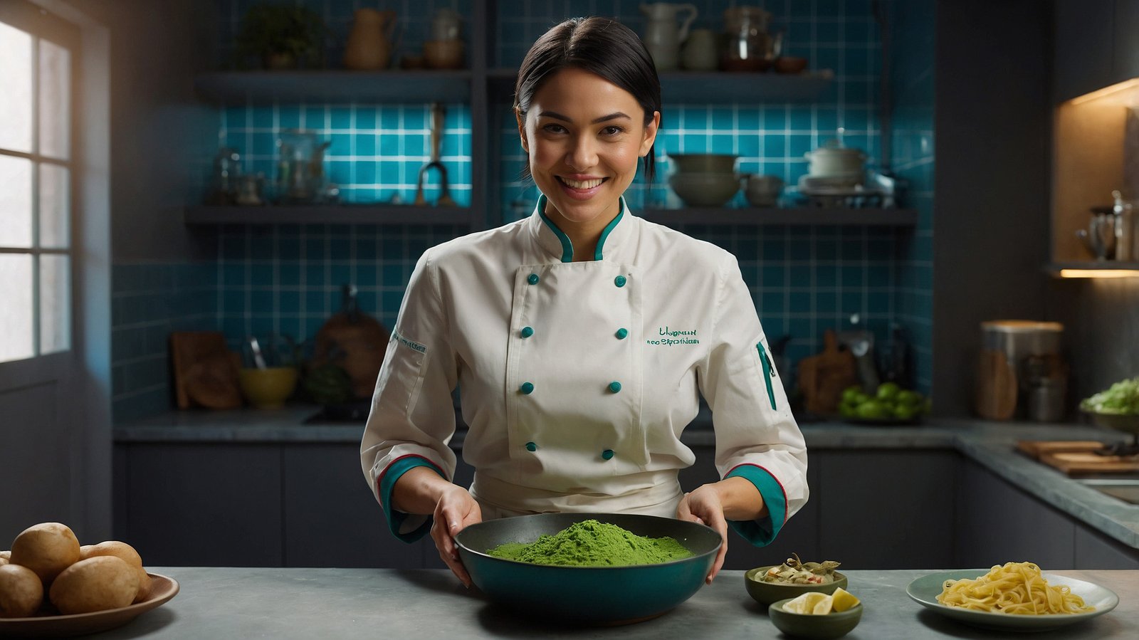 A female AI chef smiles while pouring adaptogenic herbal coffee