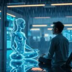 A personal AI coach assisting a human in a peaceful, futuristic workspace—an image of calm, connection, and insight.
