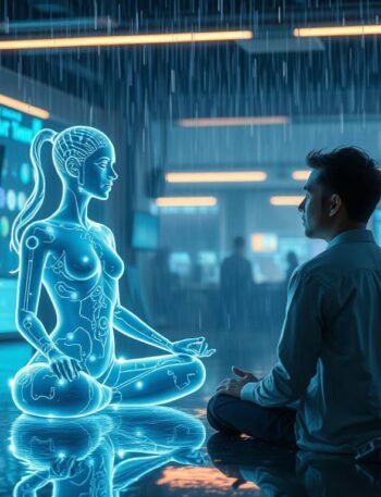 A personal AI coach assisting a human in a peaceful, futuristic workspace—an image of calm, connection, and insight.