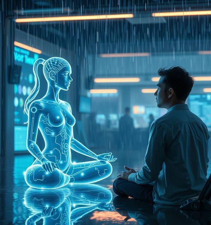 A personal AI coach assisting a human in a peaceful, futuristic workspace—an image of calm, connection, and insight.