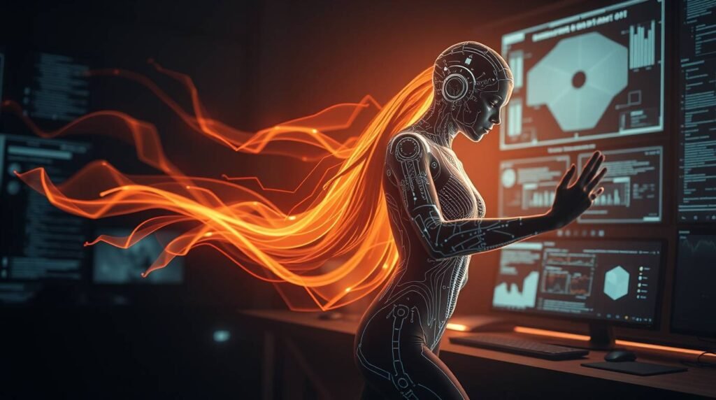A personal AI coach assisting a human in a peaceful, futuristic workspace—an image of calm, connection, and insight.