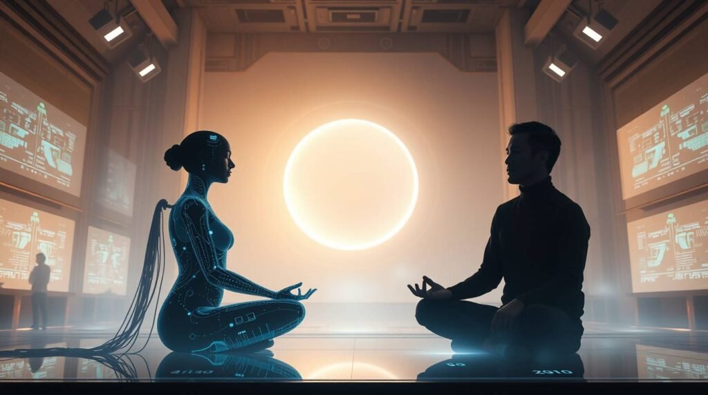 A personal AI coach assisting a human in a peaceful, futuristic workspace—an image of calm, connection, and insight.