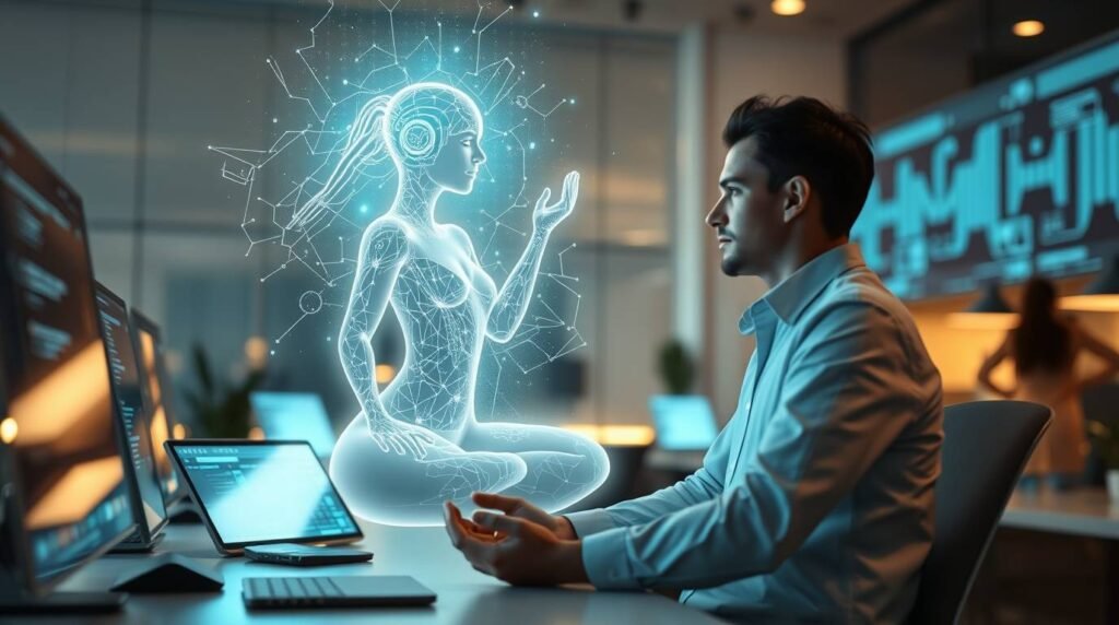 A personal AI coach assisting a human in a peaceful, futuristic workspace—an image of calm, connection, and insight.