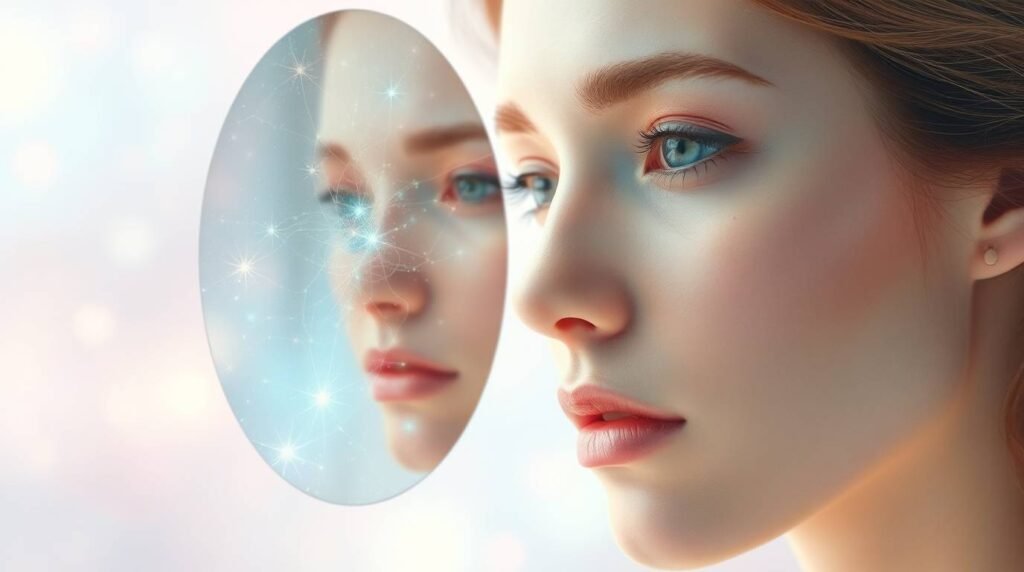 “Person reflecting into a digital mirror, seeing their mindful AI-assisted self in a dreamlike dimension”