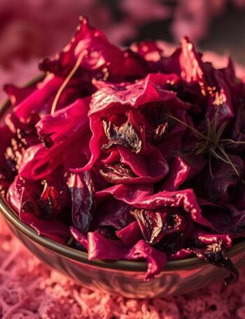Close-up of deeply charred red cabbage wedges, their edges blackened and caramelized, revealing vibrant purple layers beneath. Generously drizzled with creamy, golden za’atar-spiced tahini sauce, sprinkled with toasted sesame seeds and fresh herbs. The dish is plated on a rustic stoneware platter, with a backdrop of dark wood and soft, moody lighting, evoking a sense of earthy elegance and mystical dining.