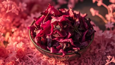 Close-up of deeply charred red cabbage wedges, their edges blackened and caramelized, revealing vibrant purple layers beneath. Generously drizzled with creamy, golden za’atar-spiced tahini sauce, sprinkled with toasted sesame seeds and fresh herbs. The dish is plated on a rustic stoneware platter, with a backdrop of dark wood and soft, moody lighting, evoking a sense of earthy elegance and mystical dining.