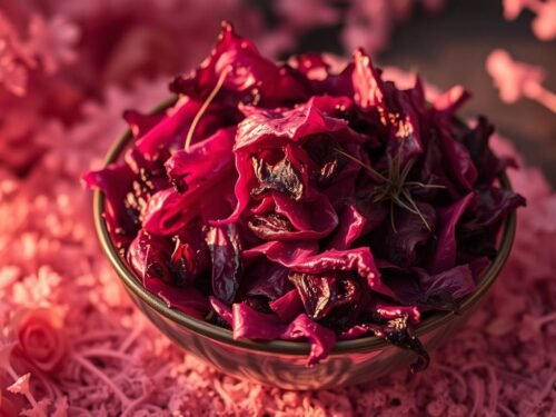 Close-up of deeply charred red cabbage wedges, their edges blackened and caramelized, revealing vibrant purple layers beneath. Generously drizzled with creamy, golden za’atar-spiced tahini sauce, sprinkled with toasted sesame seeds and fresh herbs. The dish is plated on a rustic stoneware platter, with a backdrop of dark wood and soft, moody lighting, evoking a sense of earthy elegance and mystical dining.