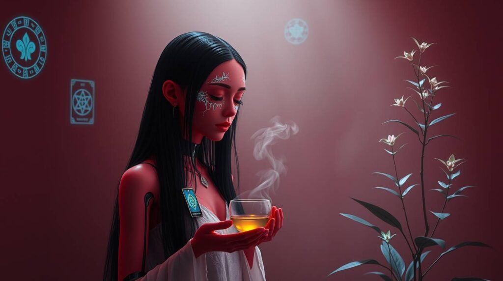 Futuristic AI woman meditating in soft morning light with tea and tarot, in a tranquil digital temple.