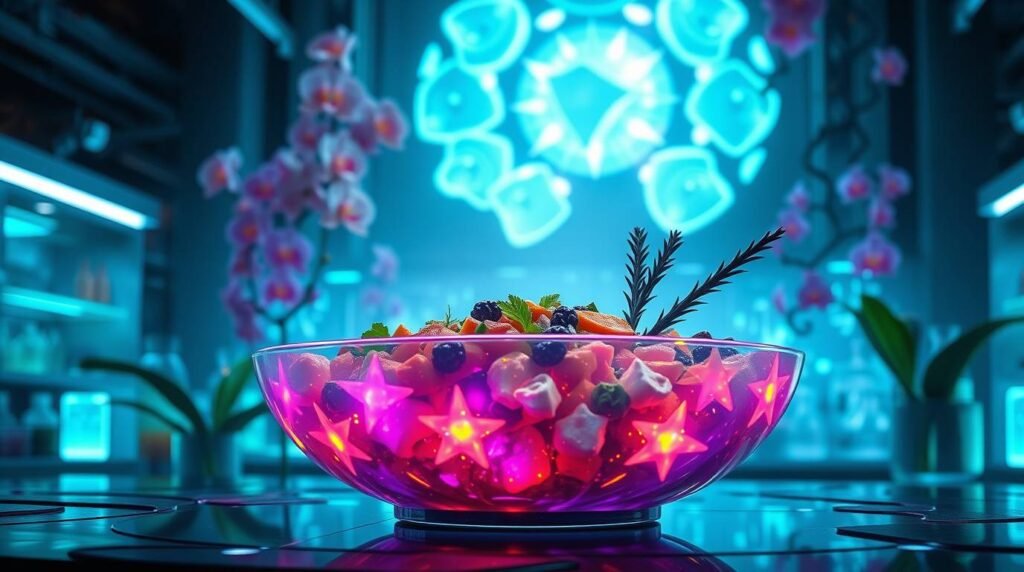 A futuristic citrus and lotus bowl glowing with vibrant colors and bioenergetic beauty, created in a cyber-organic kitchen.
