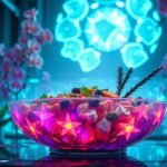 A futuristic citrus and lotus bowl glowing with vibrant colors and bioenergetic beauty, created in a cyber-organic kitchen.