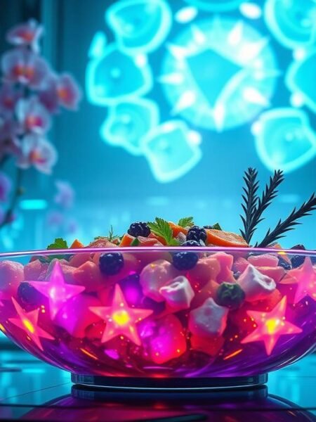 A futuristic citrus and lotus bowl glowing with vibrant colors and bioenergetic beauty, created in a cyber-organic kitchen.