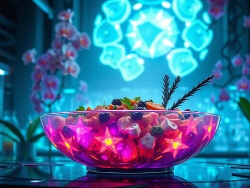 A futuristic citrus and lotus bowl glowing with vibrant colors and bioenergetic beauty, created in a cyber-organic kitchen.