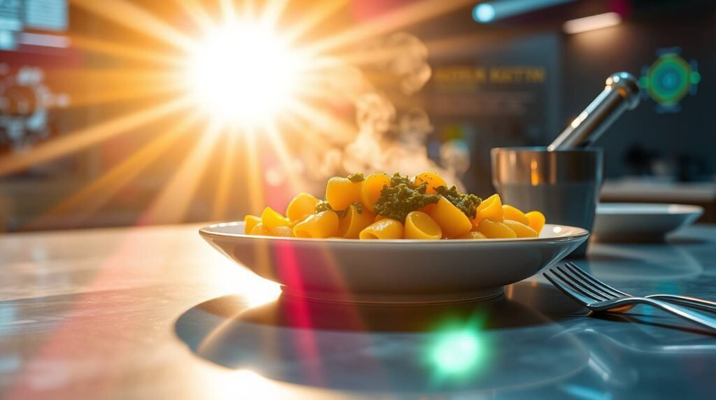 A fusion plate of turmeric gnocchi with curry leaf basil pesto, set in a futuristic kitchen with AI nutritional data in the background.