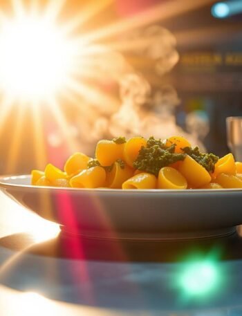 A fusion plate of turmeric gnocchi with curry leaf basil pesto, set in a futuristic kitchen with AI nutritional data in the background.
