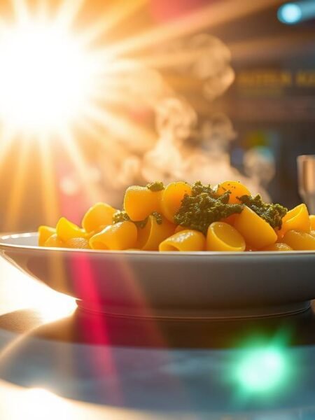A fusion plate of turmeric gnocchi with curry leaf basil pesto, set in a futuristic kitchen with AI nutritional data in the background.