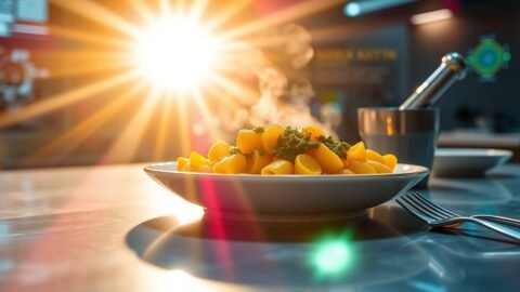 A fusion plate of turmeric gnocchi with curry leaf basil pesto, set in a futuristic kitchen with AI nutritional data in the background.