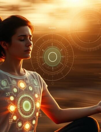 "A person meditating with glowing chakras, overlaid with a futuristic HUD interface showing biometric stats, soft ambient lighting"