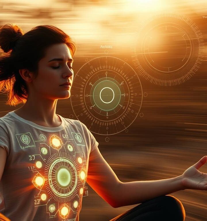 "A person meditating with glowing chakras, overlaid with a futuristic HUD interface showing biometric stats, soft ambient lighting"