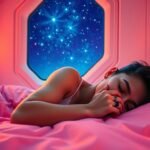 A futuristic bedroom with soft blue lights, an open window showing stars, a person resting peacefully wearing a black Oura Ring