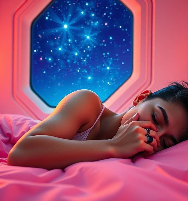 A futuristic bedroom with soft blue lights, an open window showing stars, a person resting peacefully wearing a black Oura Ring