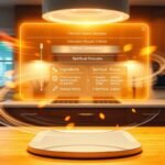 “Magical AI interface glowing above a kitchen island, showing an intention-based recipe generator with tags like mood, mobility, ingredients, and spiritual focus, vibrant ingredients circling it in a soft spiral”