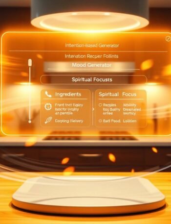 “Magical AI interface glowing above a kitchen island, showing an intention-based recipe generator with tags like mood, mobility, ingredients, and spiritual focus, vibrant ingredients circling it in a soft spiral”