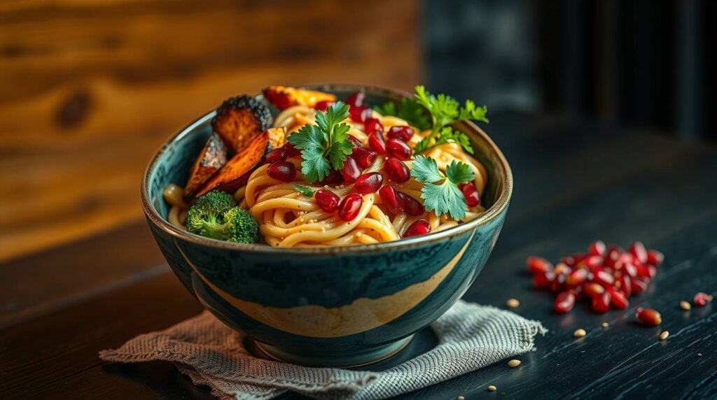 Miso-Tahini Soba Bowl with Roasted Veggies & Pomegranate