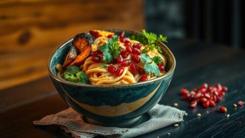 Miso-Tahini Soba Bowl with Roasted Veggies & Pomegranate